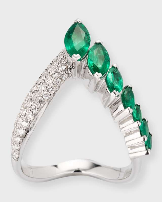 18K White Gold Oui Ring with Marquise Emeralds and Pave White Diamonds